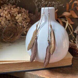 Handmade Copper & Brass Double Feather Chain Dangle Earrings